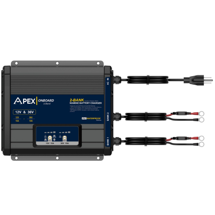 Apex onboard 2-bank marine battery charger- 12V & 36V leads